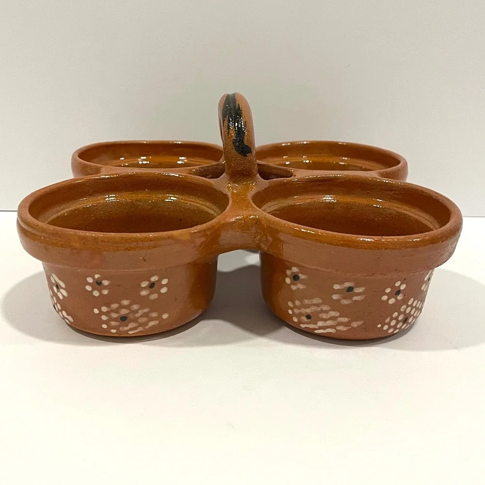 Mexican Terracotta Salsa Server 4 Bowl Condiment Dish Hand Painted